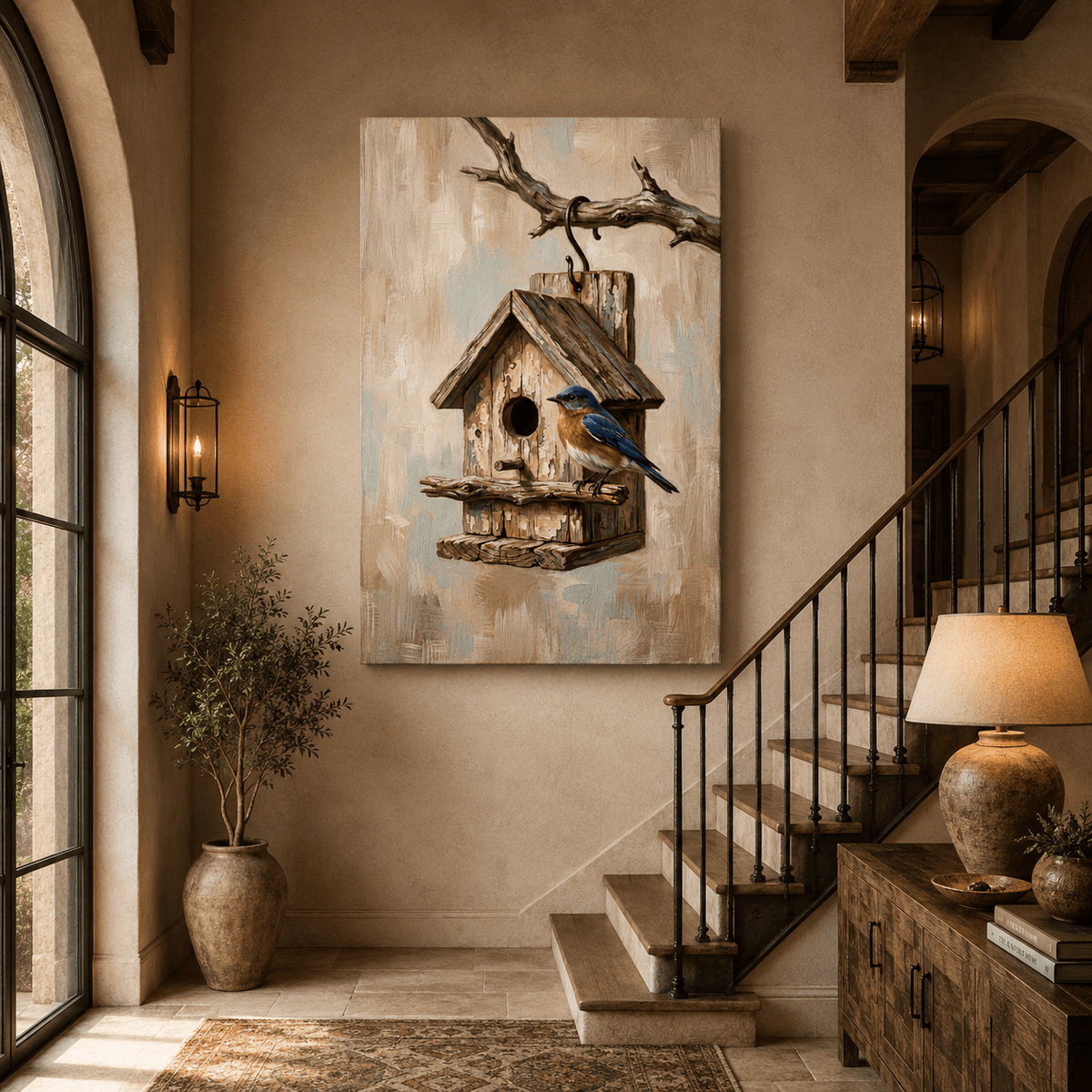 Rustic Bluebird Birdhouse Canvas Wall Art – Farmhouse Nature Decor for Cozy Interiors - ART OF ROYALS