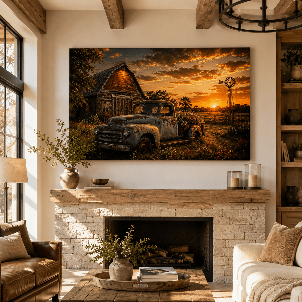 Rustic Sunset Memories – Vintage Farm Truck Canvas Wall Art - ART OF ROYALS