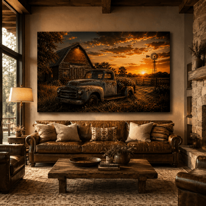 Rustic Sunset Memories – Vintage Farm Truck Canvas Wall Art - ART OF ROYALS
