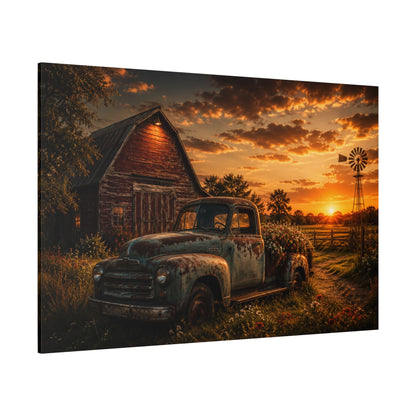 Rustic Sunset Memories – Vintage Farm Truck Canvas Wall Art - ART OF ROYALS