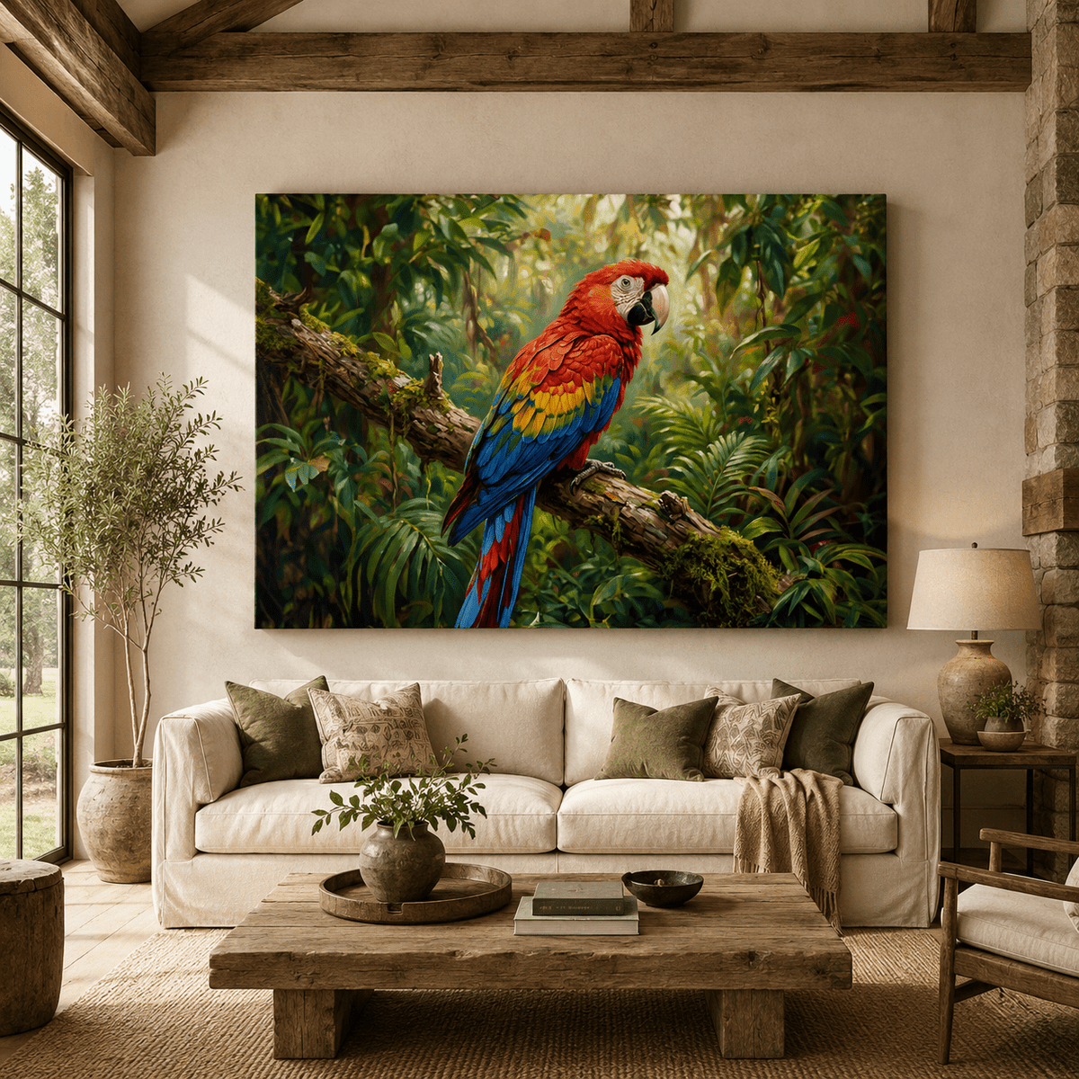 Scarlet Macaw Tropical Jungle Canvas Wall Art – Vibrant Exotic Bird & Rainforest Painting - ART OF ROYALS