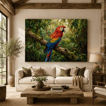 Scarlet Macaw Tropical Jungle Canvas Wall Art – Vibrant Exotic Bird & Rainforest Painting - ART OF ROYALS