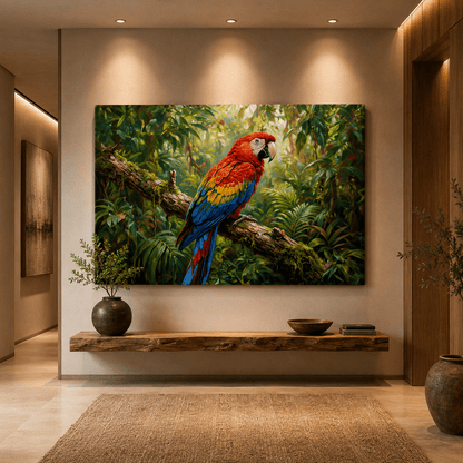 Scarlet Macaw Tropical Jungle Canvas Wall Art – Vibrant Exotic Bird & Rainforest Painting - ART OF ROYALS