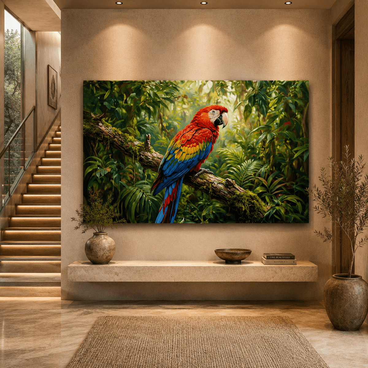 Scarlet Macaw Tropical Jungle Canvas Wall Art – Vibrant Exotic Bird & Rainforest Painting - ART OF ROYALS
