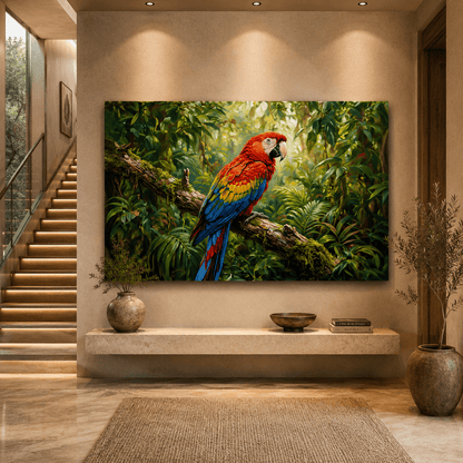 Scarlet Macaw Tropical Jungle Canvas Wall Art – Vibrant Exotic Bird & Rainforest Painting - ART OF ROYALS