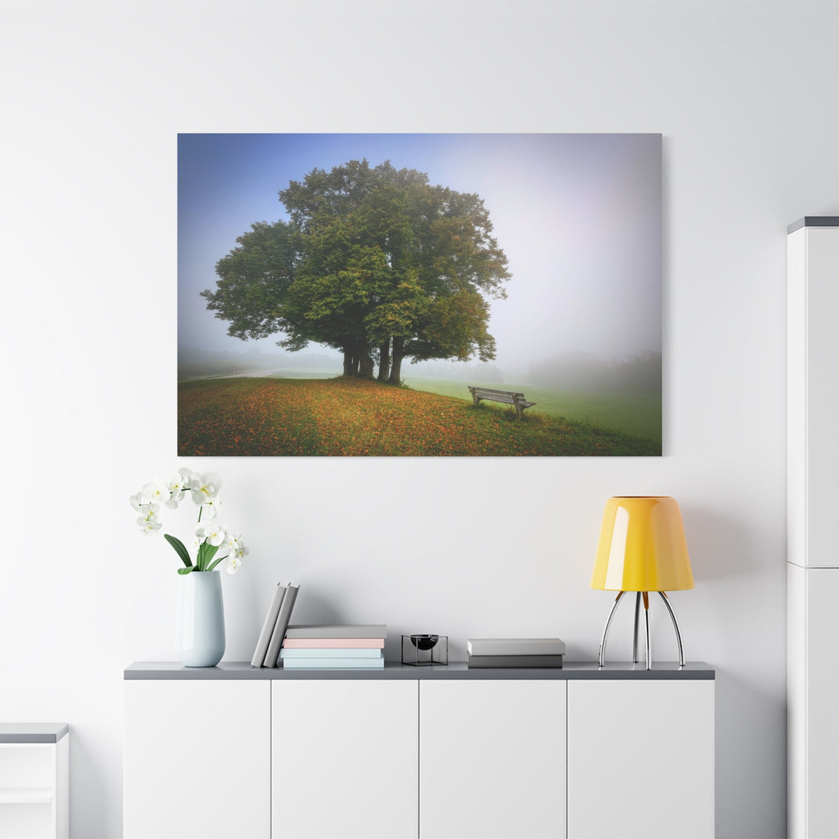 Serene Meadow Escape – A Bench Beneath the Lone Tree - ART OF ROYALS
