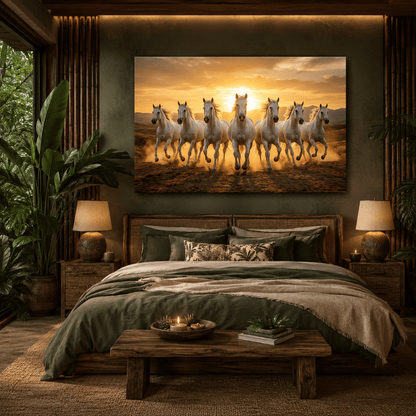 Seven White Horses at Sunset Canvas Wall Art – Majestic Power & Freedom Decor - ART OF ROYALS
