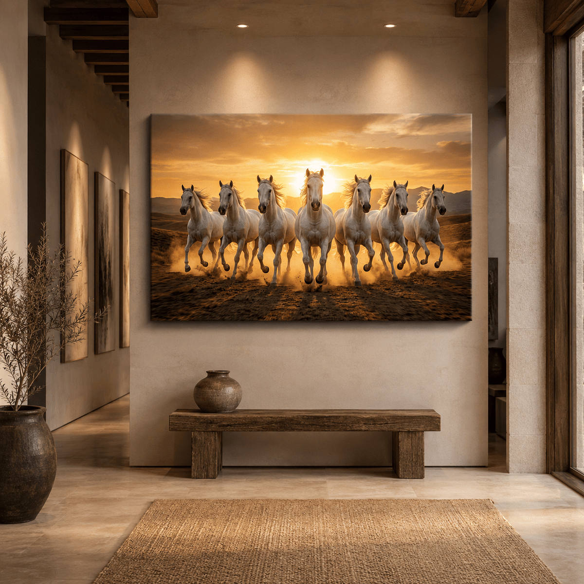 Seven White Horses at Sunset Canvas Wall Art – Majestic Power & Freedom Decor - ART OF ROYALS