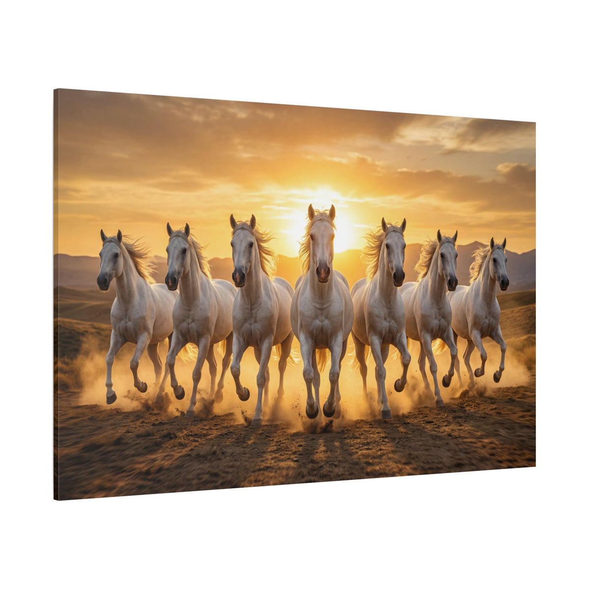 Seven White Horses at Sunset Canvas Wall Art – Majestic Power & Freedom Decor - ART OF ROYALS