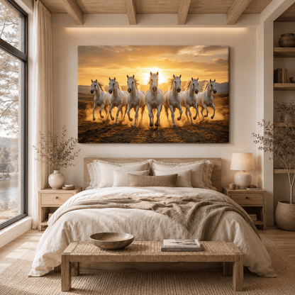 Seven White Horses at Sunset Canvas Wall Art – Majestic Power & Freedom Decor - ART OF ROYALS