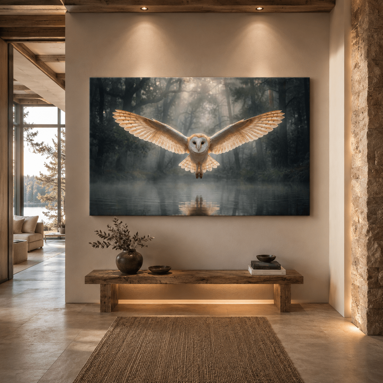 Silent Guardian Majestic Barn Owl in Misty Forest Canvas Wall Art