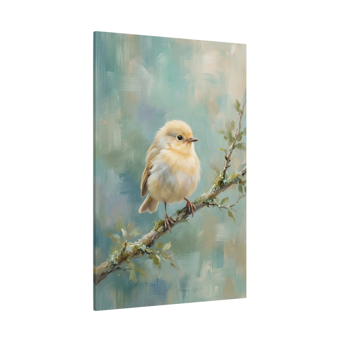 Soft Serenity Fluffy Baby Bird on Branch Canvas Wall Art – Pastel Nursery Nature Decor - ART OF ROYALS