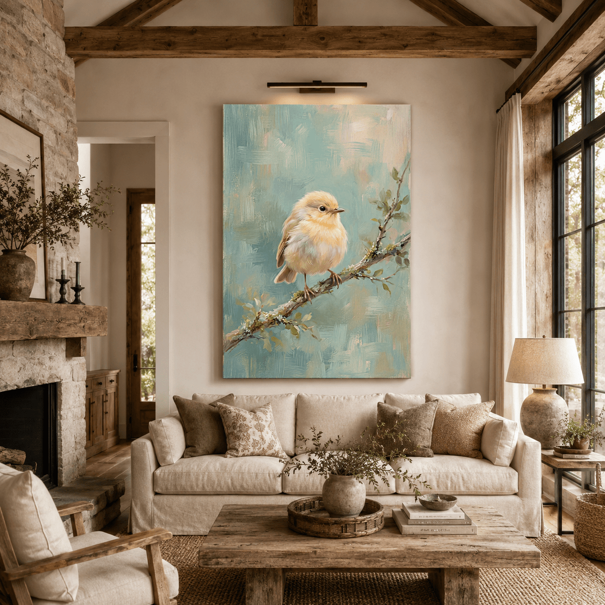 Soft Serenity Fluffy Baby Bird on Branch Canvas Wall Art – Pastel Nursery Nature Decor - ART OF ROYALS