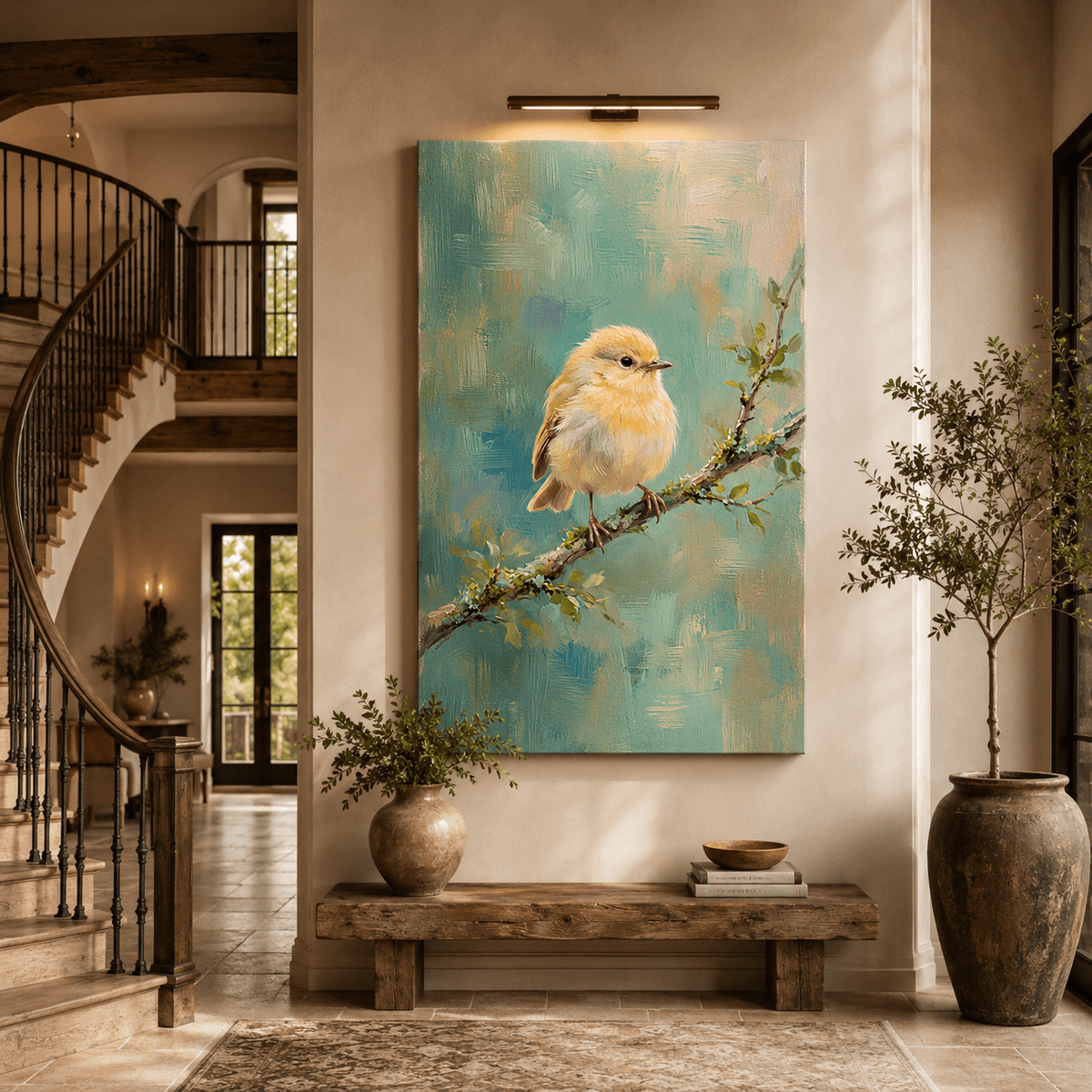 Soft Serenity Fluffy Baby Bird on Branch Canvas Wall Art – Pastel Nursery Nature Decor - ART OF ROYALS