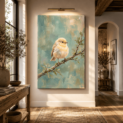 Soft Serenity Fluffy Baby Bird on Branch Canvas Wall Art – Pastel Nursery Nature Decor - ART OF ROYALS