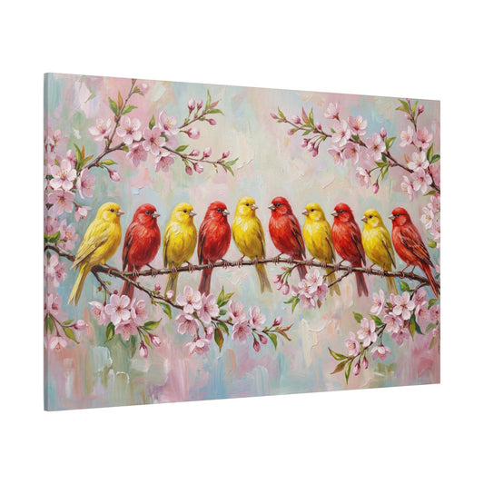 Spring Harmony – Colorful Canary Birds on Blossom Branch Canvas Wall Art - ART OF ROYALS