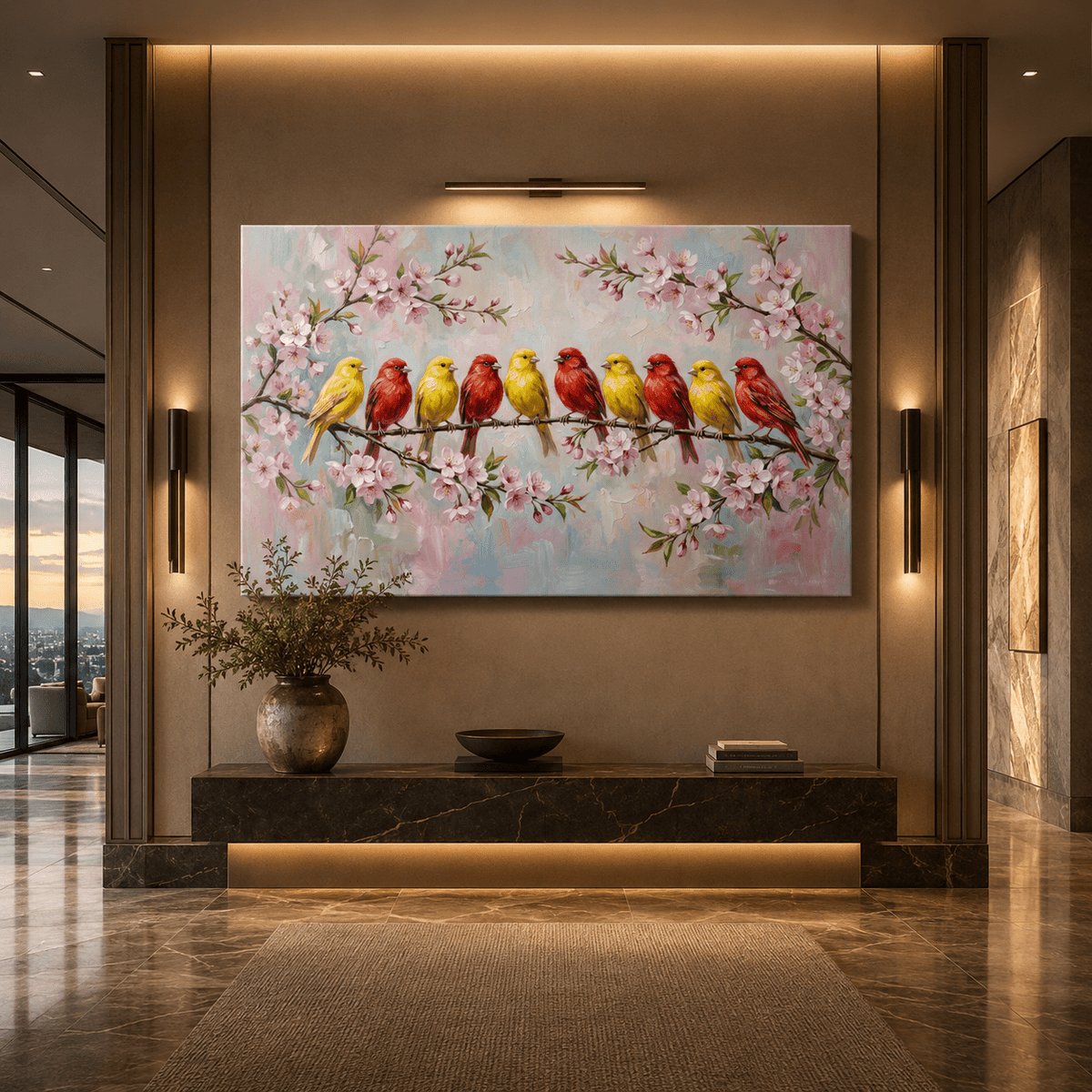 Spring Harmony – Colorful Canary Birds on Blossom Branch Canvas Wall Art - ART OF ROYALS