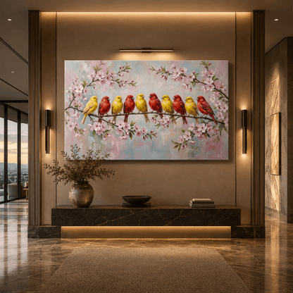 Spring Harmony – Colorful Canary Birds on Blossom Branch Canvas Wall Art - ART OF ROYALS