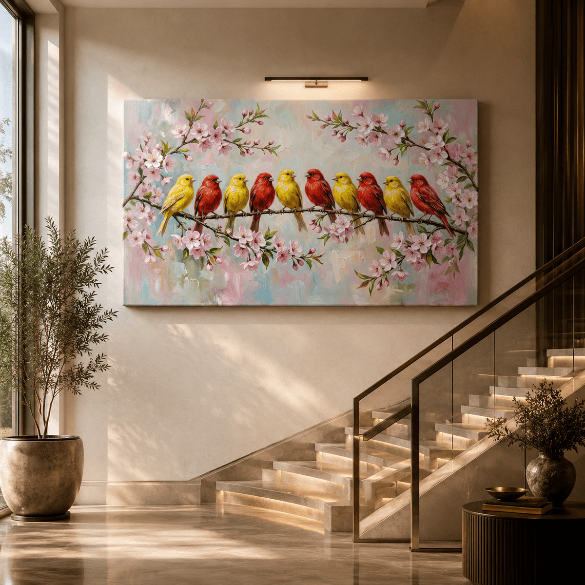 Spring Harmony – Colorful Canary Birds on Blossom Branch Canvas Wall Art - ART OF ROYALS