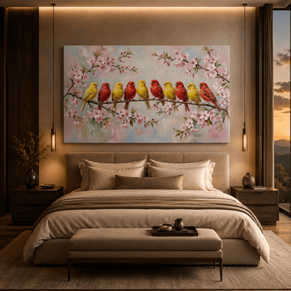 Spring Harmony – Colorful Canary Birds on Blossom Branch Canvas Wall Art - ART OF ROYALS