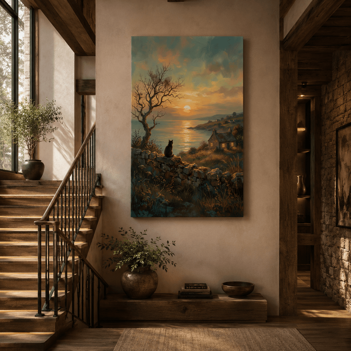 Sunset Cat Canvas Wall Art – Peaceful Coastal Cottage Nature Decor - ART OF ROYALS
