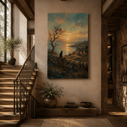 Sunset Cat Canvas Wall Art – Peaceful Coastal Cottage Nature Decor - ART OF ROYALS