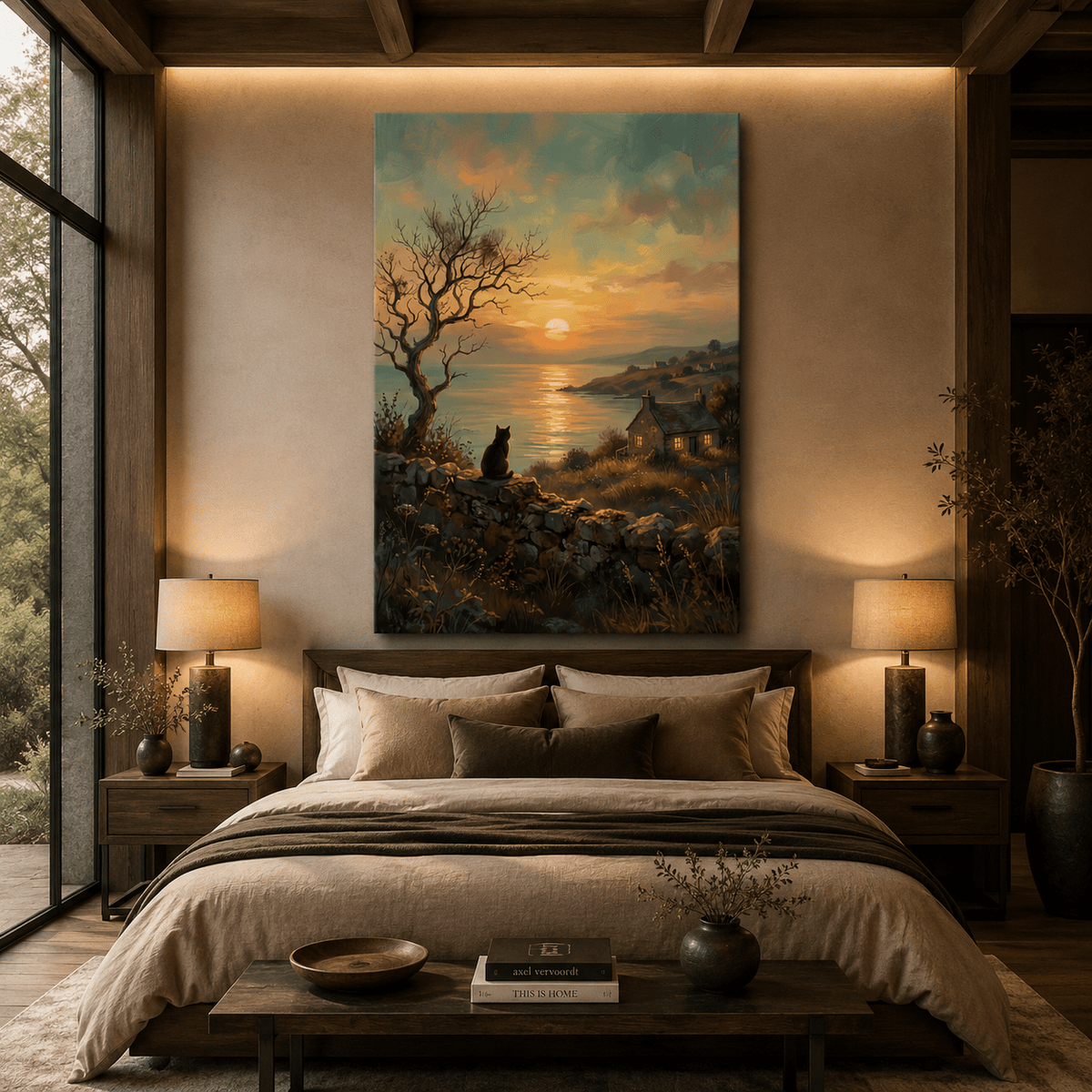 Sunset Cat Canvas Wall Art – Peaceful Coastal Cottage Nature Decor - ART OF ROYALS