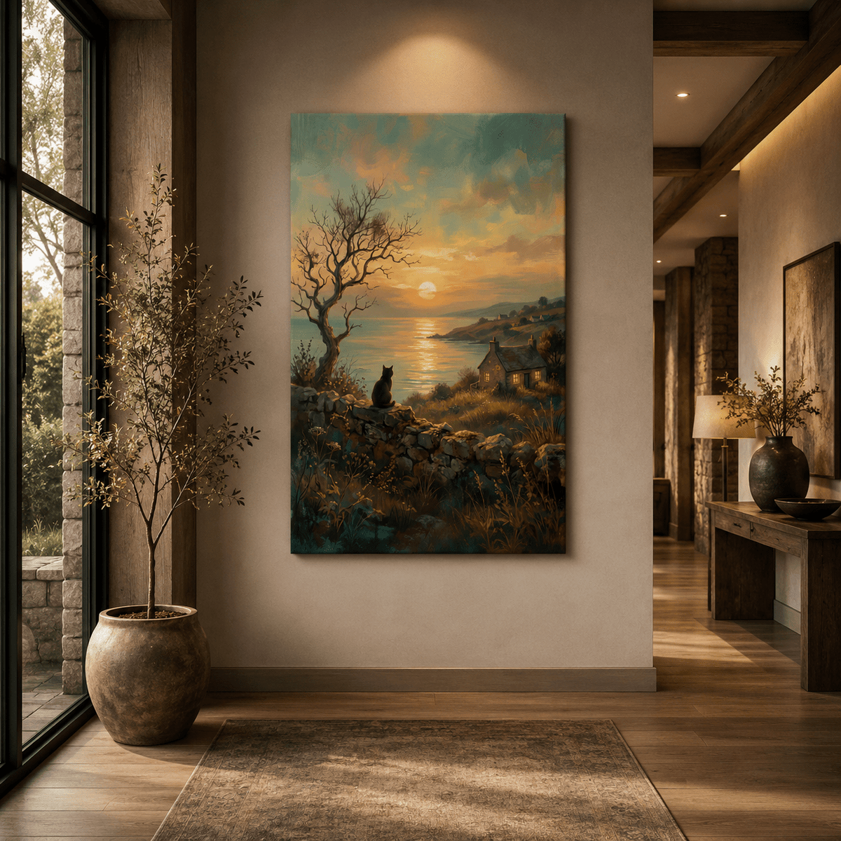 Sunset Cat Canvas Wall Art – Peaceful Coastal Cottage Nature Decor - ART OF ROYALS