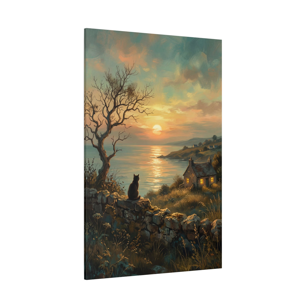 Sunset Cat Canvas Wall Art – Peaceful Coastal Cottage Nature Decor - ART OF ROYALS