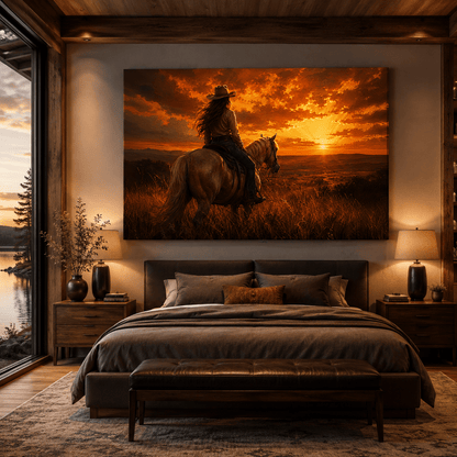Sunset Rider – Cowgirl Horizon Canvas Wall Art - ART OF ROYALS