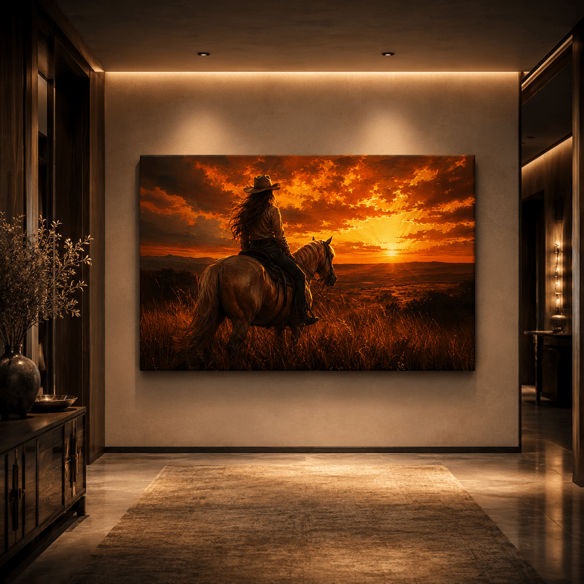 Sunset Rider – Cowgirl Horizon Canvas Wall Art - ART OF ROYALS
