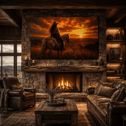 Sunset Rider – Cowgirl Horizon Canvas Wall Art - ART OF ROYALS