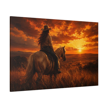 Sunset Rider – Cowgirl Horizon Canvas Wall Art - ART OF ROYALS