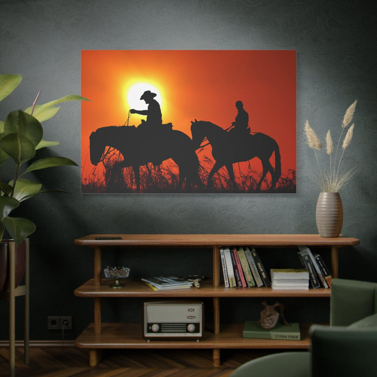Sunset Riders Canvas Art – Serene Silhouettes in Golden Light - ART OF ROYALS
