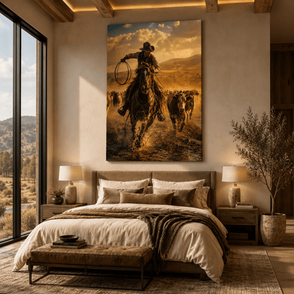 Thunder Run – Cowboy Cattle Drive Canvas Wall Art - ART OF ROYALS