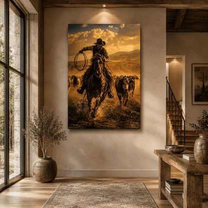 Thunder Run – Cowboy Cattle Drive Canvas Wall Art - ART OF ROYALS