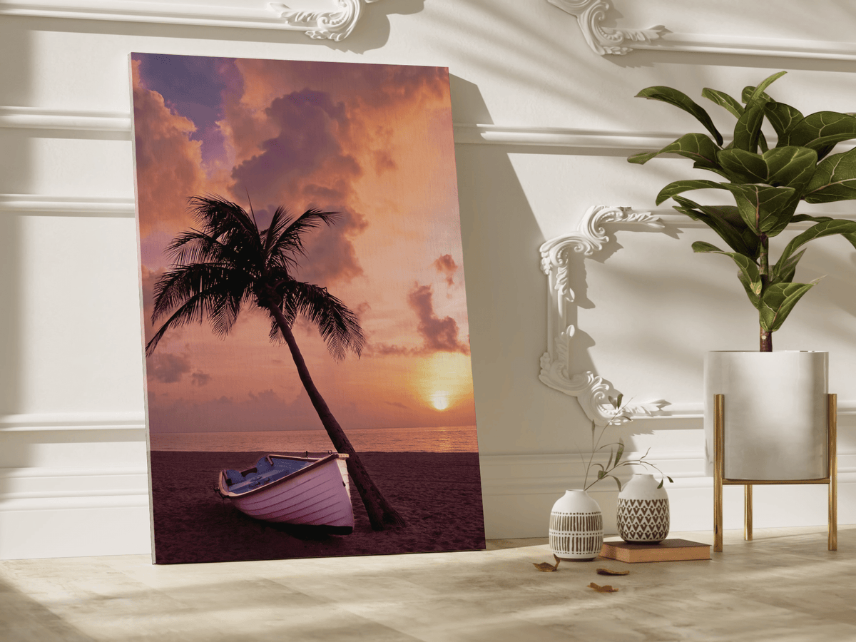 Tropical Escape – Palm Tree and Boat by the Ocean - ART OF ROYALS