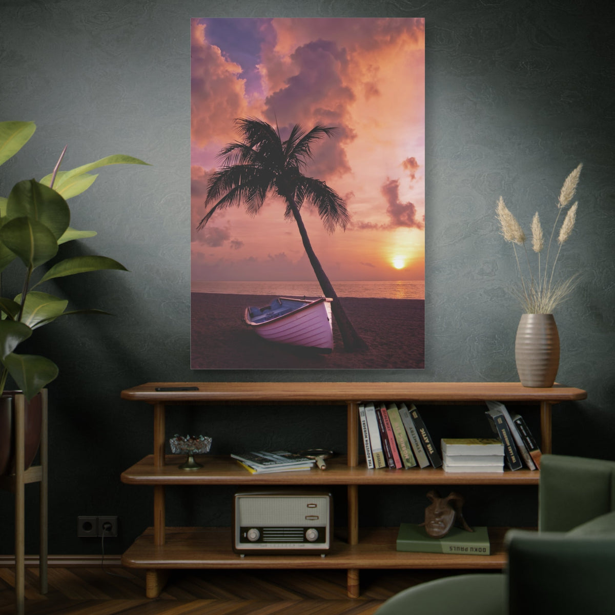 Tropical Escape – Palm Tree and Boat by the Ocean - ART OF ROYALS