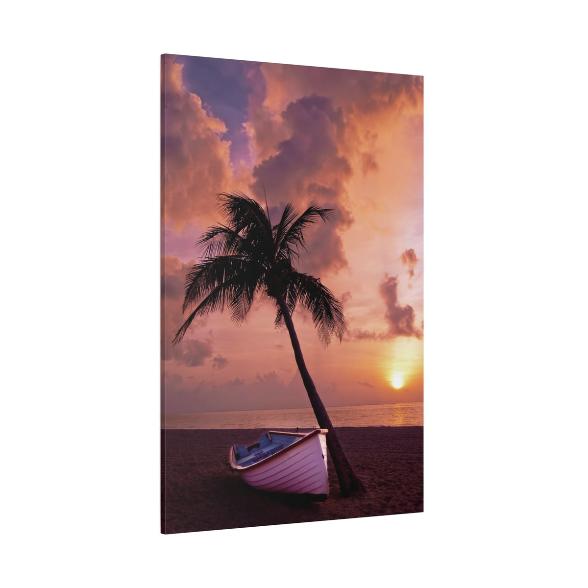 Tropical Escape – Palm Tree and Boat by the Ocean - ART OF ROYALS