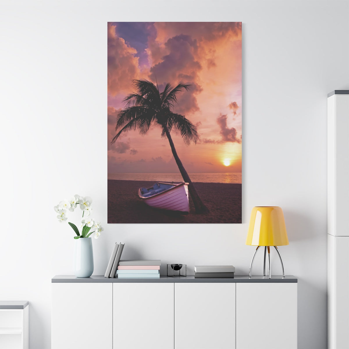 Tropical Escape – Palm Tree and Boat by the Ocean - ART OF ROYALS
