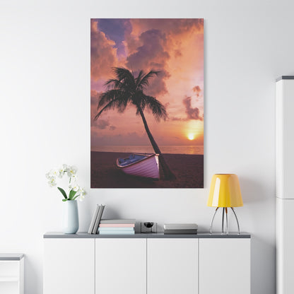 Tropical Escape – Palm Tree and Boat by the Ocean - ART OF ROYALS