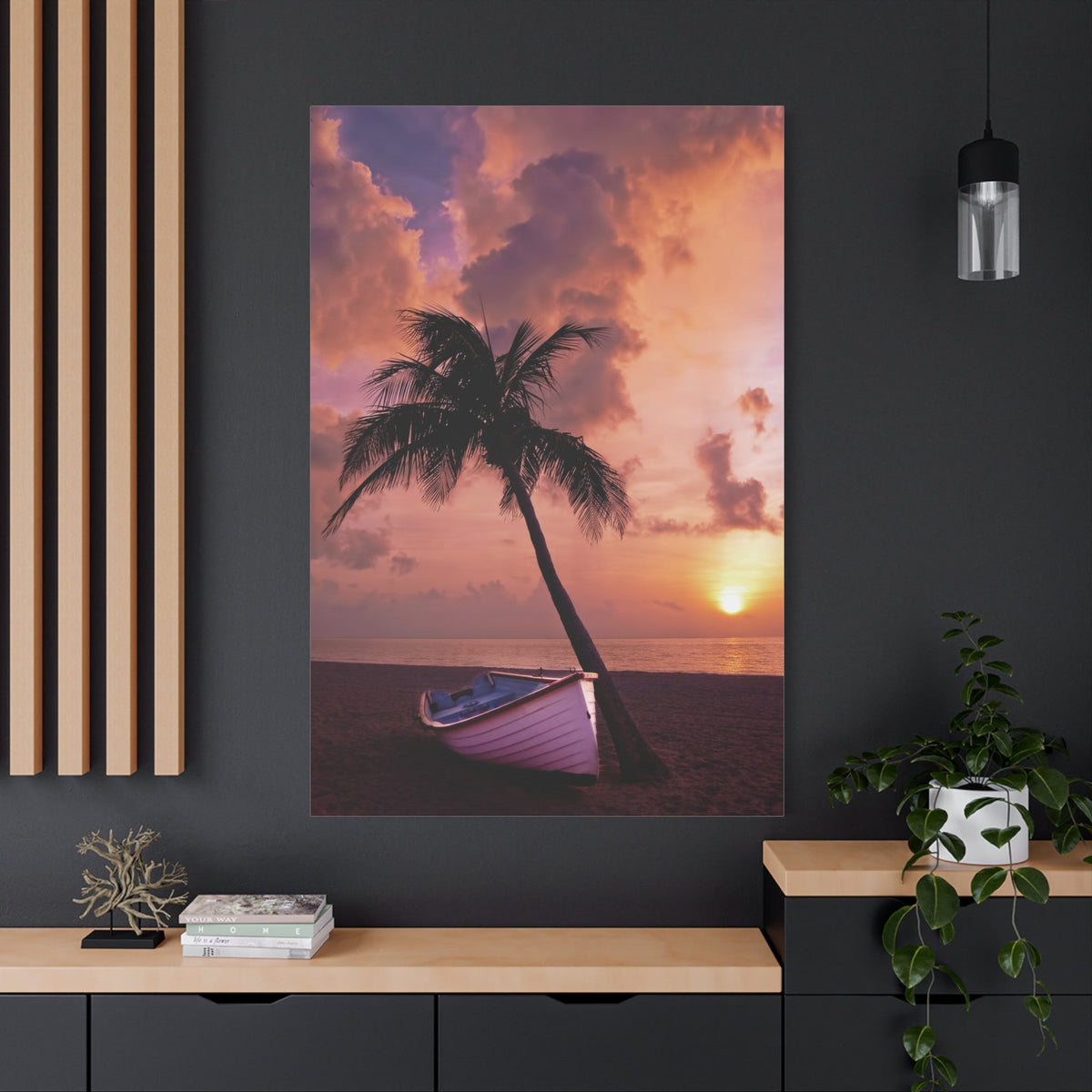 Tropical Escape – Palm Tree and Boat by the Ocean - ART OF ROYALS