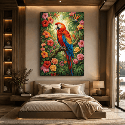 Tropical Scarlet Macaw Paradise Canvas Wall Art – Vibrant Floral Jungle Bird Decor - ART OF ROYALS
