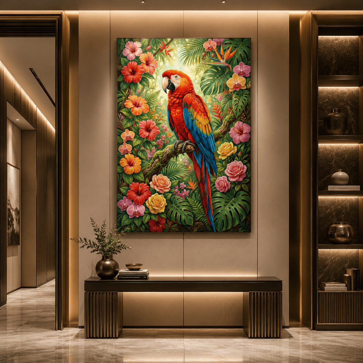 Tropical Scarlet Macaw Paradise Canvas Wall Art – Vibrant Floral Jungle Bird Decor - ART OF ROYALS
