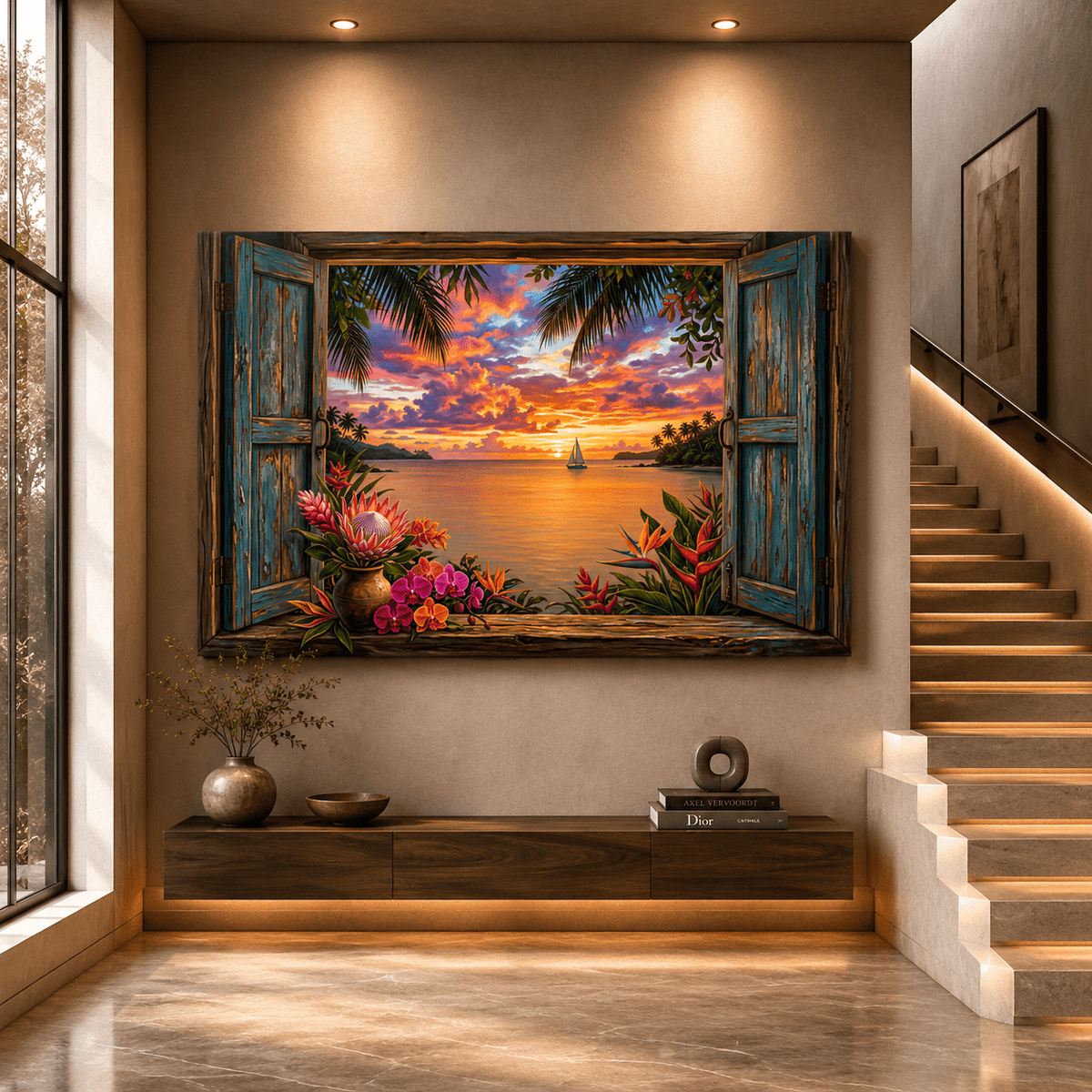 Tropical Sunset Window Canvas Wall Art – Coastal Ocean Paradise Decor - ART OF ROYALS
