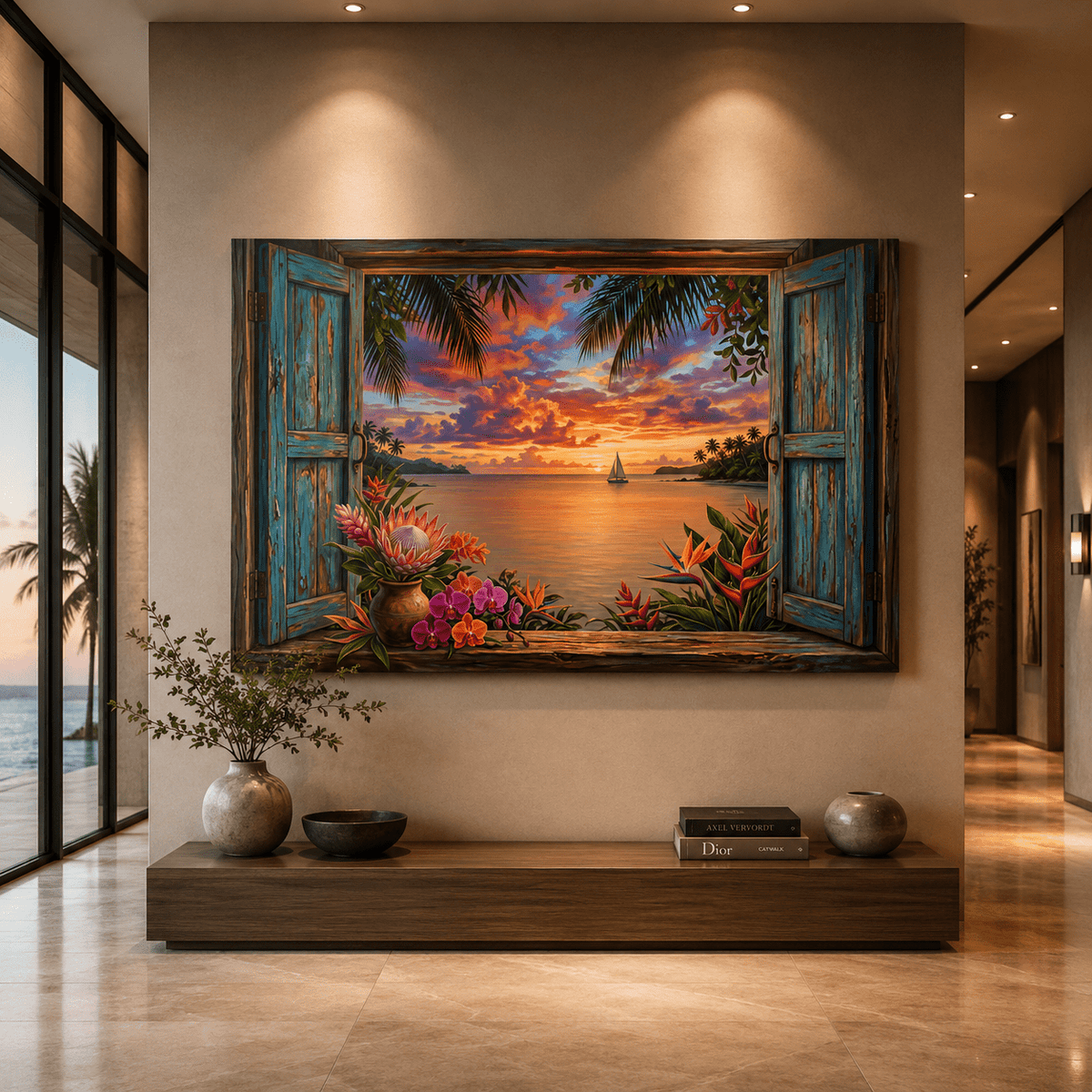 Tropical Sunset Window Canvas Wall Art – Coastal Ocean Paradise Decor - ART OF ROYALS