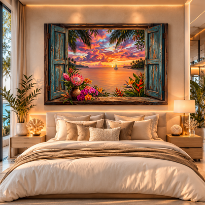 Tropical Sunset Window Canvas Wall Art – Coastal Ocean Paradise Decor - ART OF ROYALS