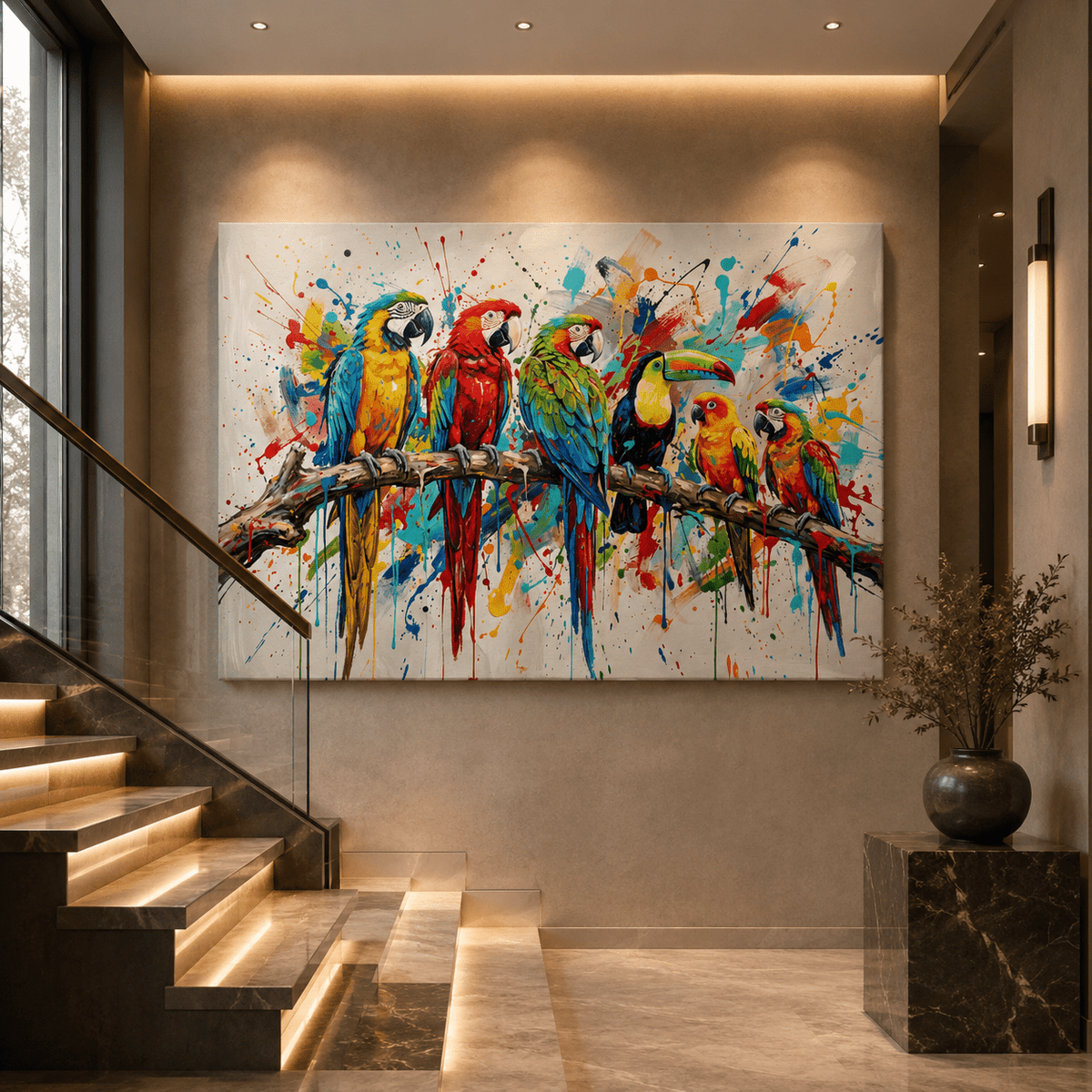 Tropical Symphony Parrot Canvas Wall Art – Colorful Bird Wall Decor for Modern Interiors - ART OF ROYALS