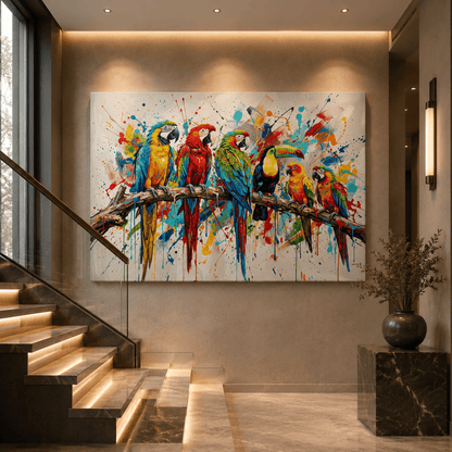 Tropical Symphony Parrot Canvas Wall Art – Colorful Bird Wall Decor for Modern Interiors - ART OF ROYALS