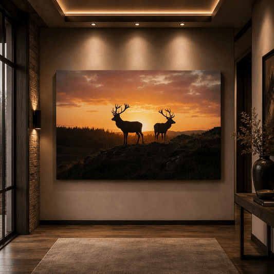 Twin Stags at Sunset Canvas Wall Art – Majestic Deer Silhouette Nature Decor - ART OF ROYALS